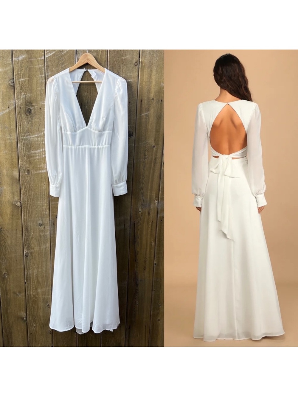 White Long Sleeve Backless Chiffon Maxi Dress 🌿 - Picture 3 of 8
